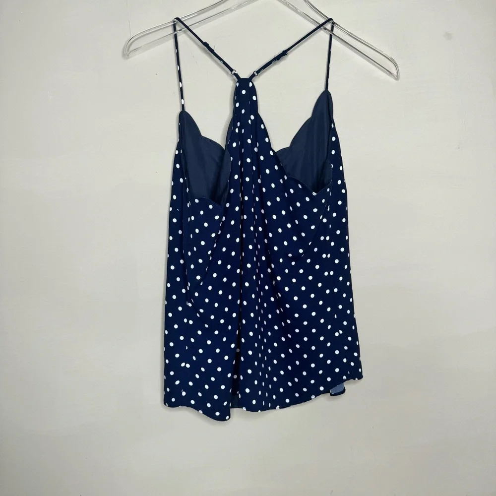 J CREW Women Soft Comfy Poly Halter Tank Top Navy White Polka Dot - Picture 3 of 8
